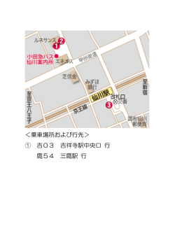 ＜乗車場所および行先＞ ① 吉03 吉祥寺駅中央口 行 鷹54 三鷹駅 行