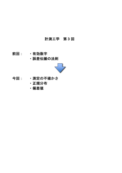 計測工学 第 3 回 前回： ・有効数字 ・誤差伝搬の法則 今回： ・測定の