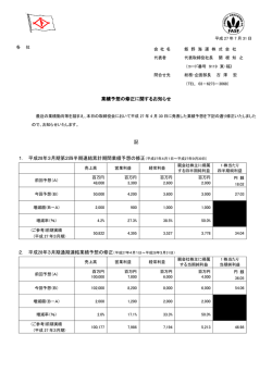 業績予想の修正に関するお知らせ 記 1． 平成28年3月期第2四半期