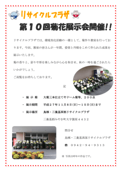 記 ・ 展 示 菊 大菊三本仕立てやドーム菊等、200点 ・ 展示期間 平成27
